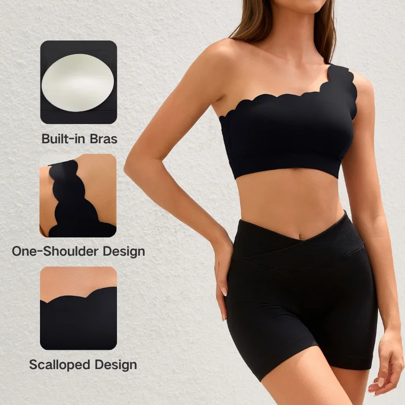 Anfilia Women Sports Bras Fashion Fitness One-Shoulder Design Scalloped Built-In Bras Quick Dry Breathable Yoga Gym Running Tops
