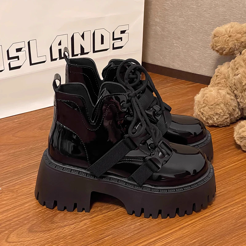 Boots Boots-Women Shoes Round Toe 2023 Black Ankle Autumn Leather Med Rubber Ladies Lolita Rock PU Basic Solid Retro Increased