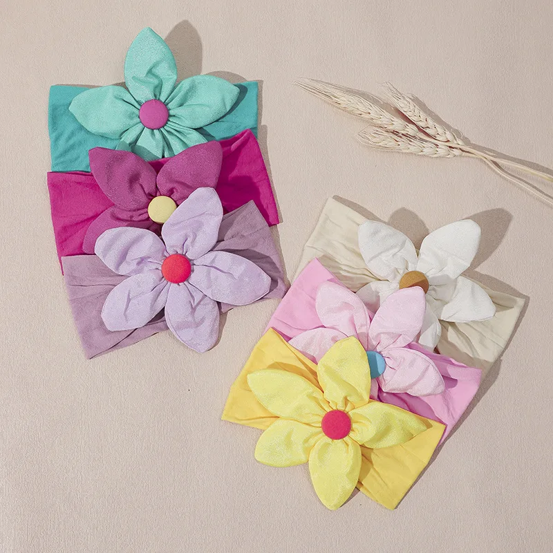 

New Born Baby Girls Hair Flower Turban Wide Nylon Headband with Big Flower Children Elastic Turban Baby Toddler Headwrap Floral