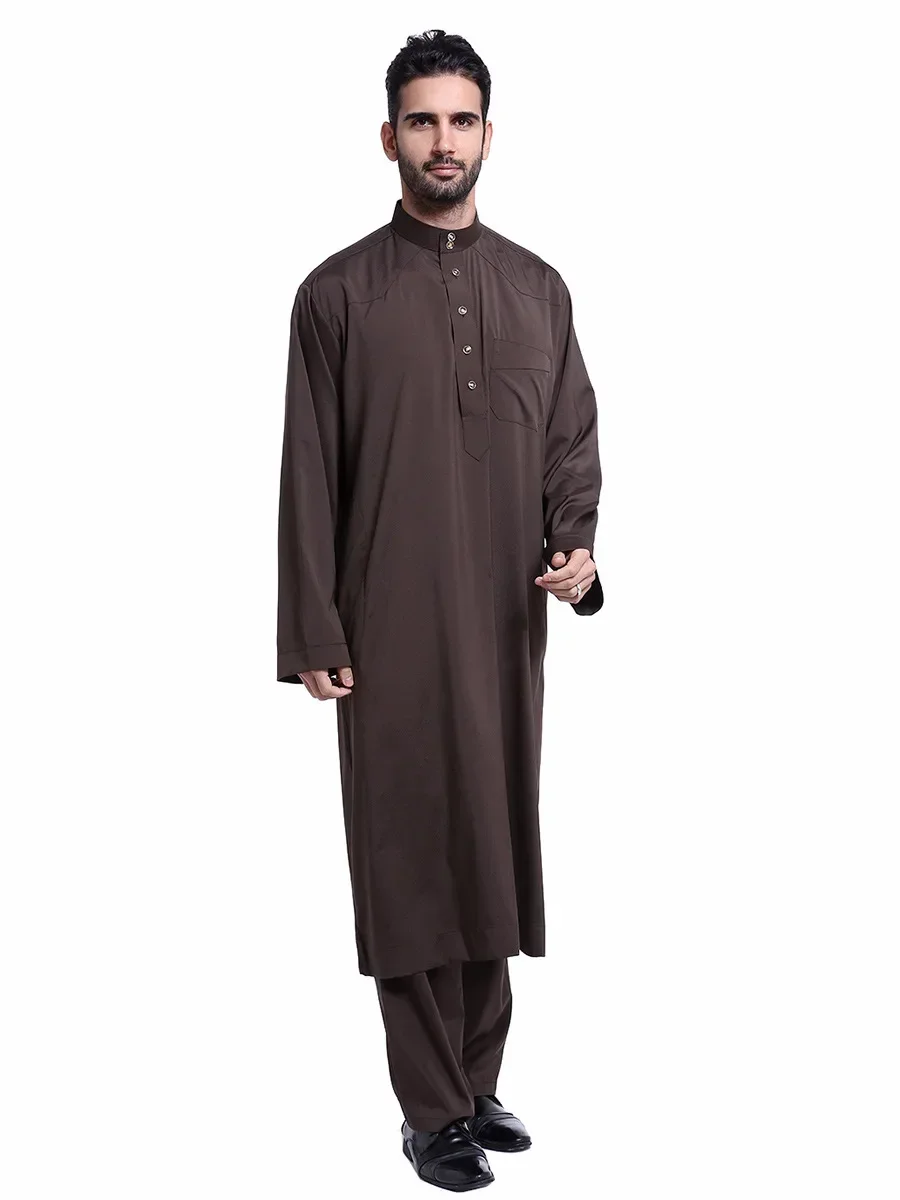 Pakaian Muslim Pria Arab Jubba Thobe Kancing Jubah+Celana 2pcs Setelan Abaya Arab Saudi Idul Fitri Turki Kurtas Islami Muslim Pakaian Sehari-hari