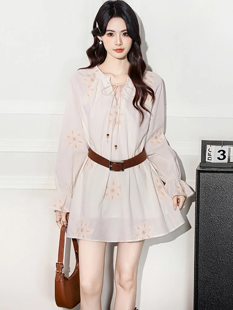 

Новое элегантное повседневное платье-бандо с цветочной вышивкой и длинным рукавом, осеннее, в корейском стиле, для женщин, 2026 год