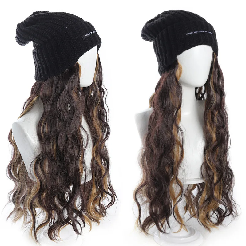Hat Wig Beanie Hat with Hair Long Wavy Hair Extensions Knit Rib Attached 22