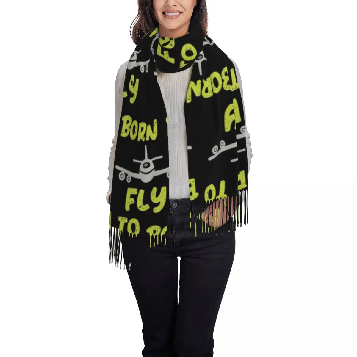 Born To Fly 로고 항공 파일럿 스카프 태슬 스카프 여성용 부드럽고 따뜻한 숄 및 랩 롱 가을 겨울 숄 랩