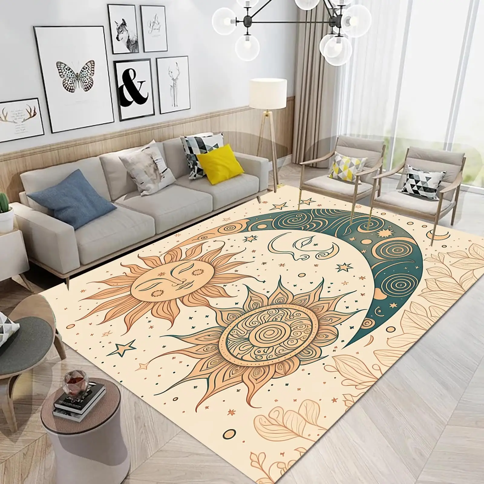 Bohemian Sun And Moon Carpet Galaxy Doormat Celestial Star Bathroom Rug for Kids Girls Kawaii Room Decor, Boho Exotic Floor Mat