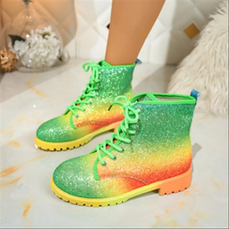 Women's Ankle Boots Lace-Up Round Toe Low Block Heel Chunky Platform Lug Sole Glitter-Look Sparkly Finish Festival Club Footwear