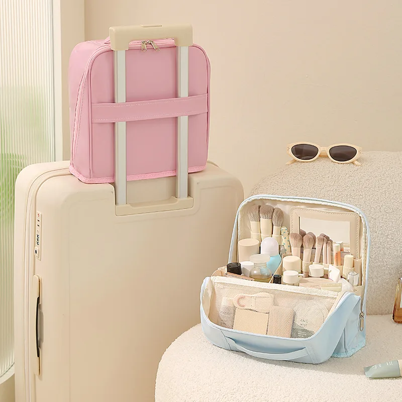 Vertical makeup bag, large capacity, waterproof, portable, with multiple compartments for toiletries