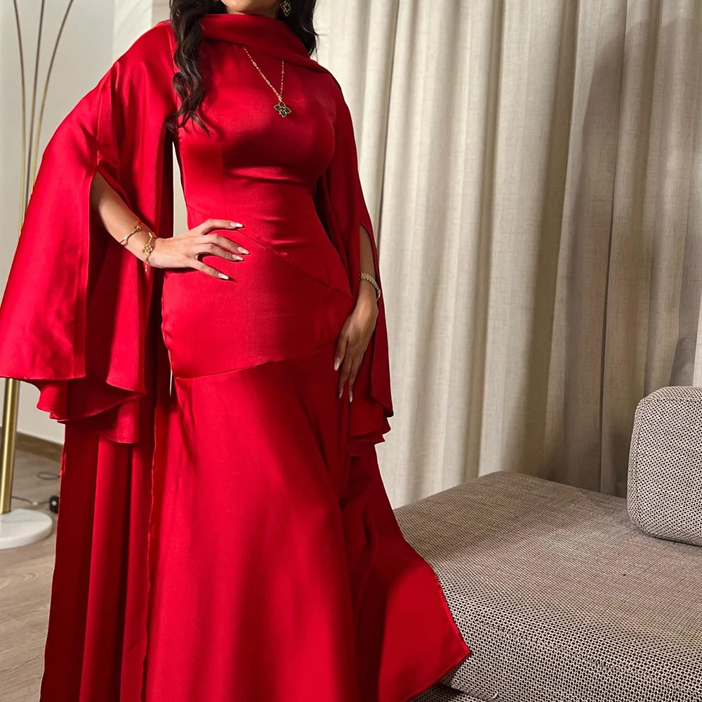 

Fashion Off the Shoulder Satin Evening Dresses Temperament A-Line Floor Length High Neckline Long Sleeves Vestidos Para Mujer
