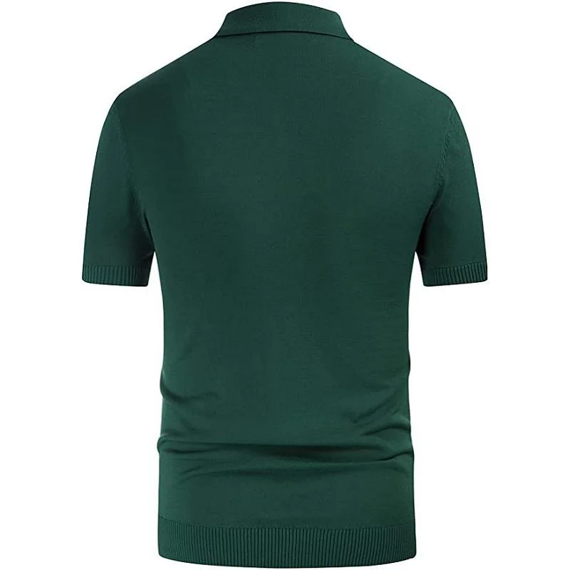 Men Knitwear Short Sleeve  Polo Shirt Casual Slim Fit Suit Collar Button Polo Shirt Breathable Summer Top Stripe Green Contrast