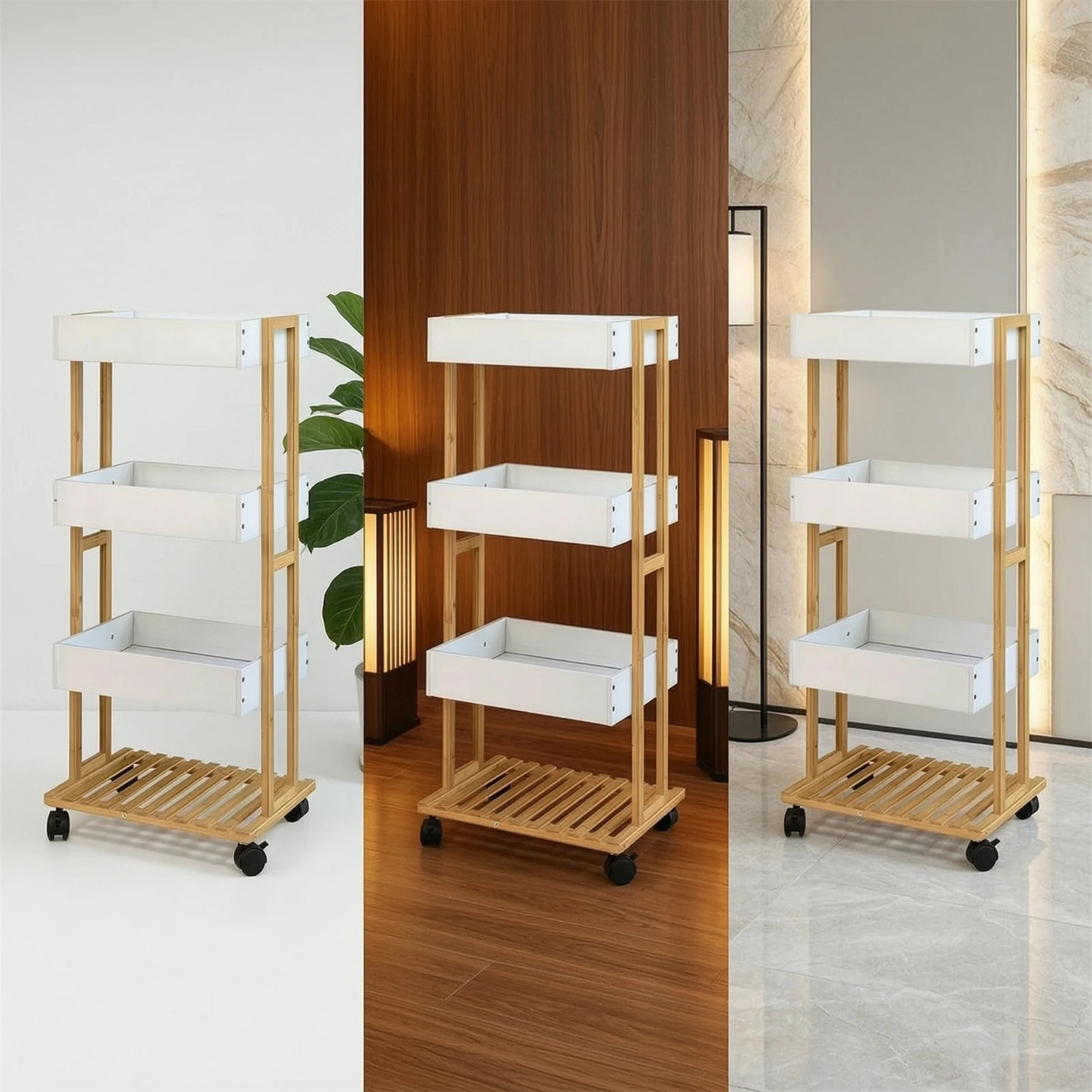 Bamboo Storage Trolley Slim Storage Cart with Wheels Rolling Utility Cart Mobile 4-Tier Rolling Organizer Freestanding