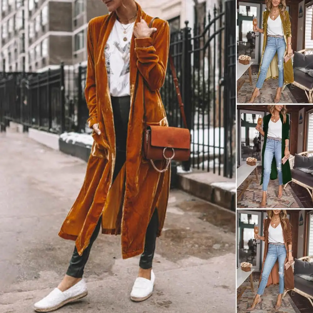 

Long Coat Elegant Lapel Cardigan Coat for Women Long Sleeve Velvet Jacket Mid-length Solid Color Outerwear Women Cardigan Coat
