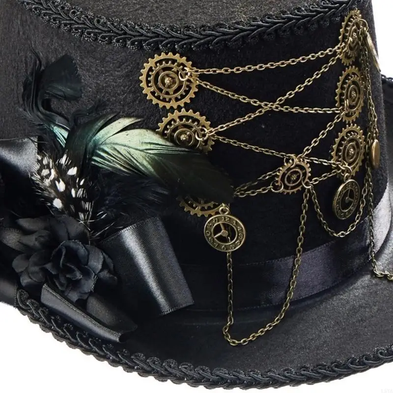 

L5YA Girl Steampunk Flat Top Hat Halloween Costume Hat with Gear Chain Decors
