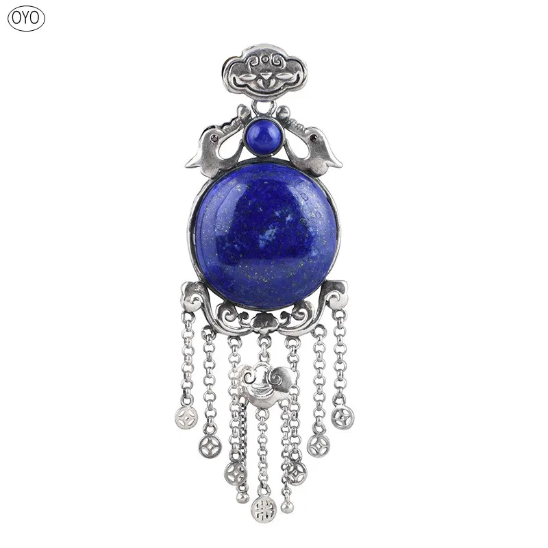 100%S925 Silver elegant temperament long fringe Ruyi auspicious elephant sweater Pendant lapis stone pendant for women