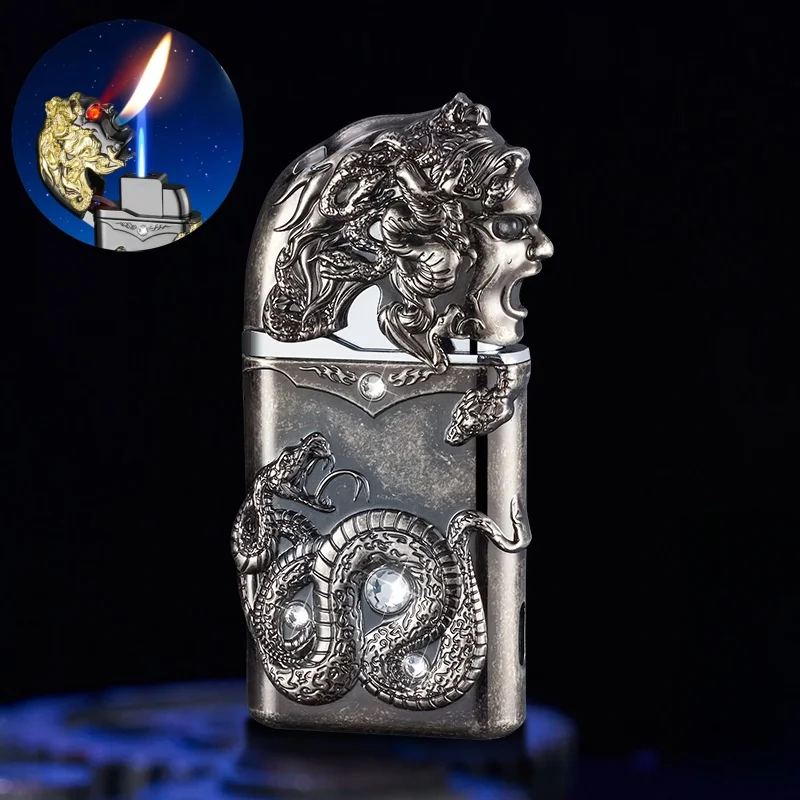 

Medusa-Windproof Metal Lighter with Double Flames, 3D Relief LED Light, Personalized, Direct Blue Flame, Open Fire, Cool, New