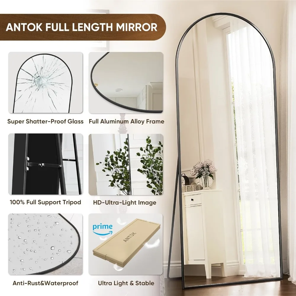 Floor Mirror, 71"×28" Arched Full Length Arched with Stand,Black Large Arched Wall Mirror,Wall Mounted Mirrors Full Length