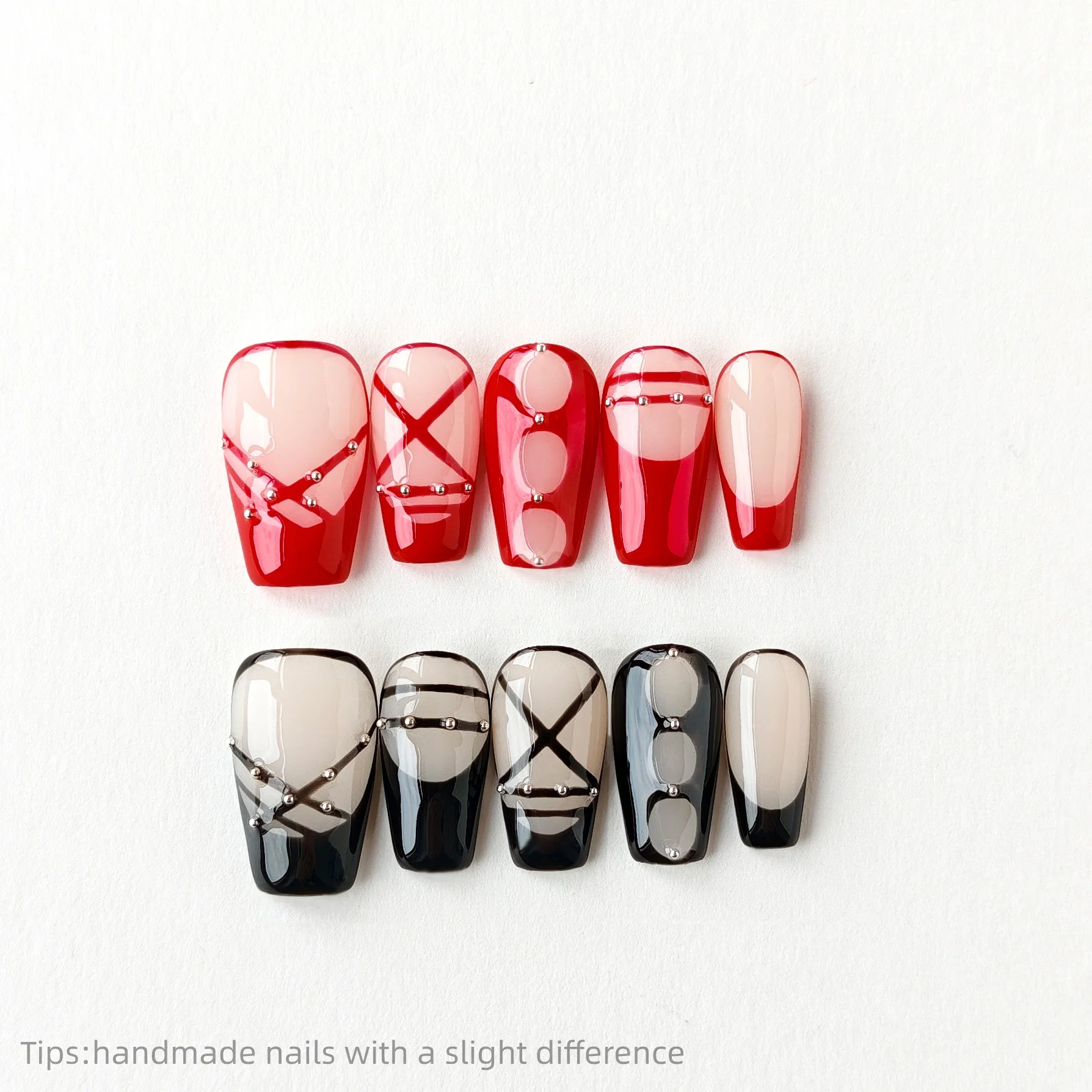 

10pcs Handmade Red Black Strap Press on Nails Short coffin Wearable Reusable INS Trendy False Nails 2026