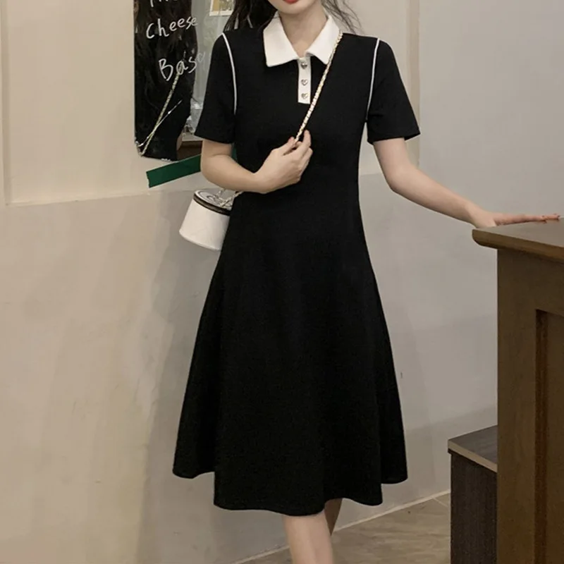 

plus Size Women's Collar Short Sleeve Dress Color Block Vintage Gentle Style Slimming Midi Dress Travel Suitable A-Line ...