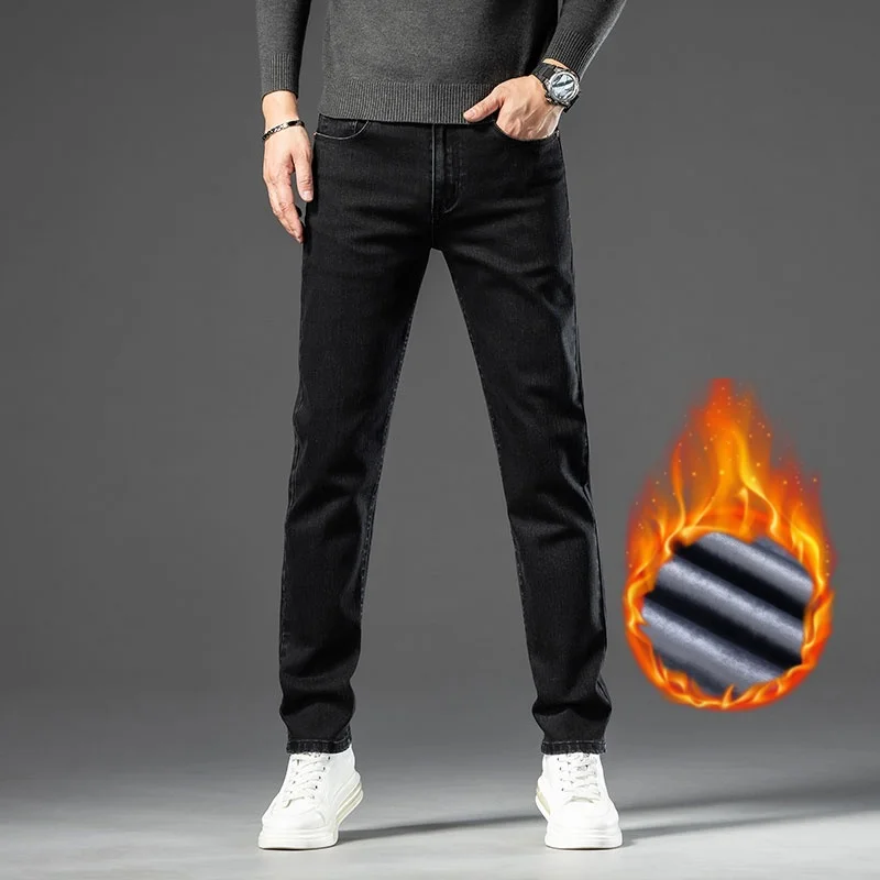 Neue Winter Stil männer Dicke Jeans Baumwolle Elastische Samt Warme Denim Hosen Modische Fit Gerade Slim Fit Wolle Arbeit Hosen
