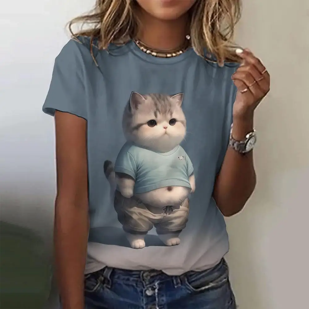 Cartoon Cat Print Cute Personification Cat Pattern Women's T-shirts Casual Short Sleeves Y2K Tees Tops Loose Female Clothing