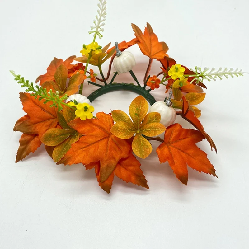 Maple Leaf Pumpkin Berry Candle Rings Wreath for Harvest Festival Table Decoration Candlestick Garland Home Decor