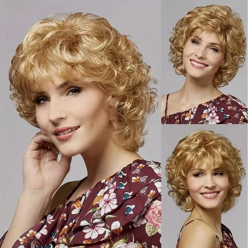 Women's Elegant Short Curly Wig with Bangs Versatile Blonde Brown for Cosplay