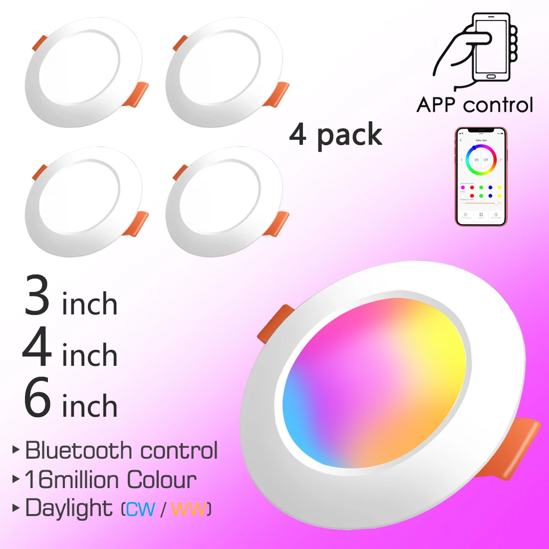 Lâmpada do teto LED colorida compatível com Bluetooth, luz redonda embutida, luminária Home inteligente, RGB Downlight, 110V, 220V