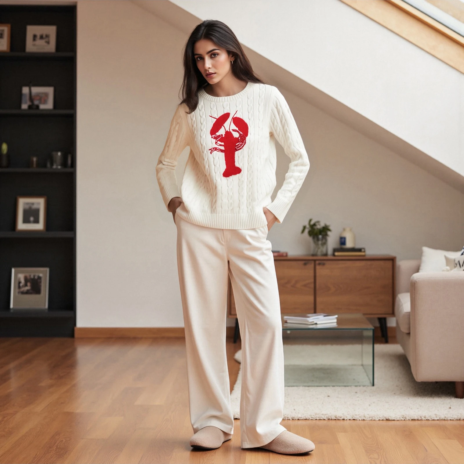 

Mommy and Me Family Matching Sweaters Mother and Daughter Lobster Print Crew Neck Long Sleeve Knitted Pullover Warm Tops