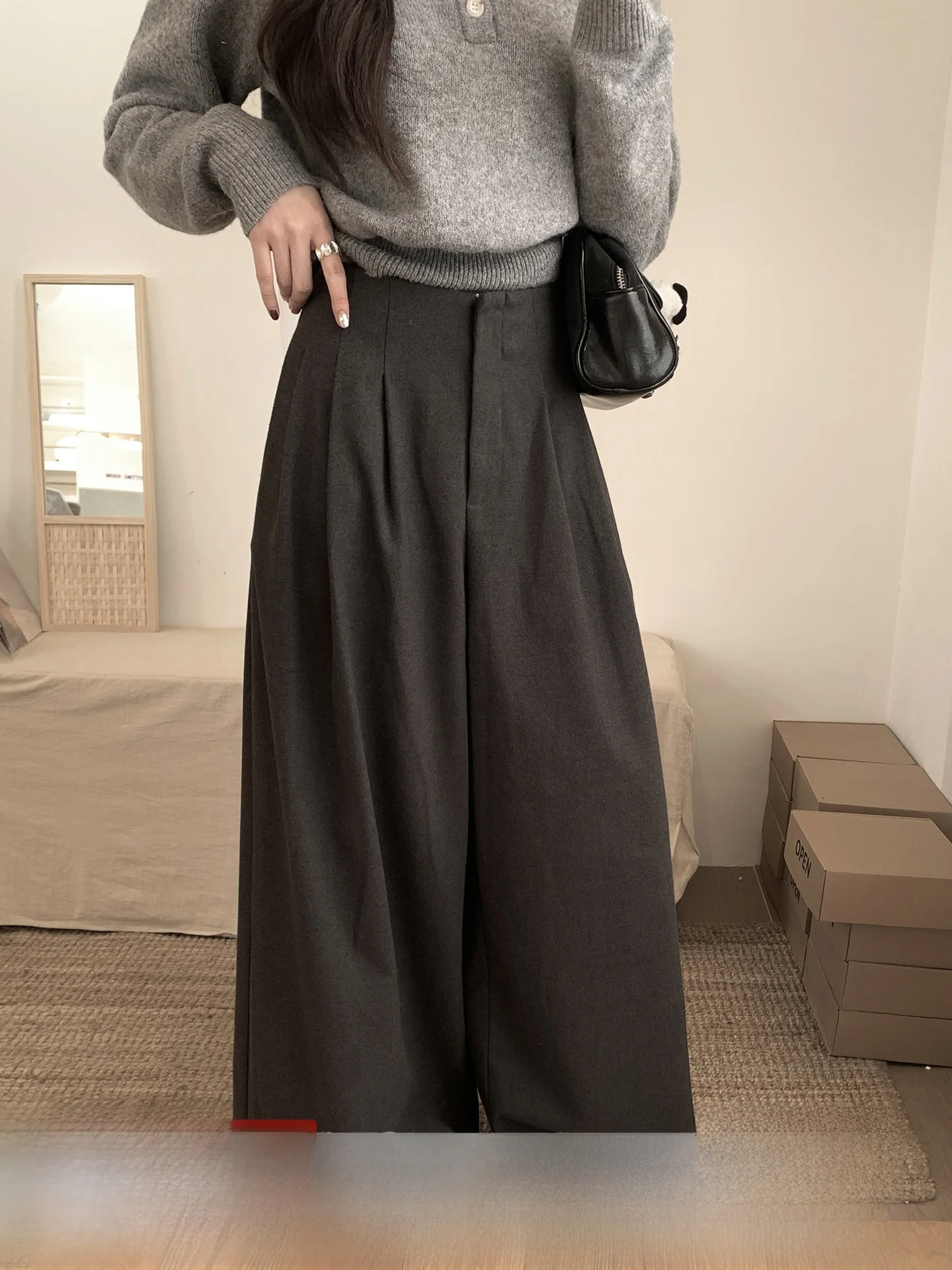 

Шерстяные брюки Deep ey с широкими штанинами, женские свободные повседневные прямые брюки, простые, элегантные, весенняя новинка, с высокой талией, на молнии