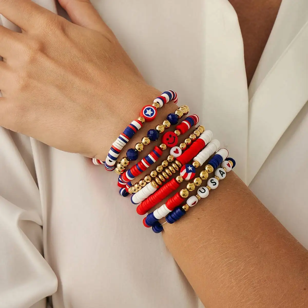 

SHIXIN Hip Hop Red Blue Bead Chain Elastic Bracelet Set for Women Trendy Multi Layer Stackable Bangle Festival Jewelry Gift