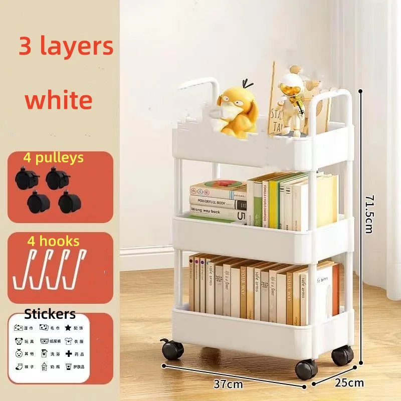 Kitchen storage rack with wheels, multi-level snack mobile rack, bathroom, baby bedroom, books