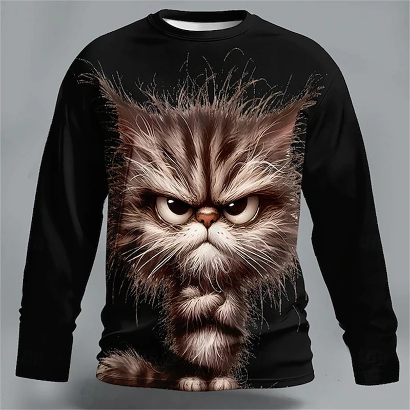 Mens Long Sleeve T-Shirt Novelty Messy Hair Cat Graphic 3D Print Round Neck Pullover Funny Animal Print Streetwear Apparel New