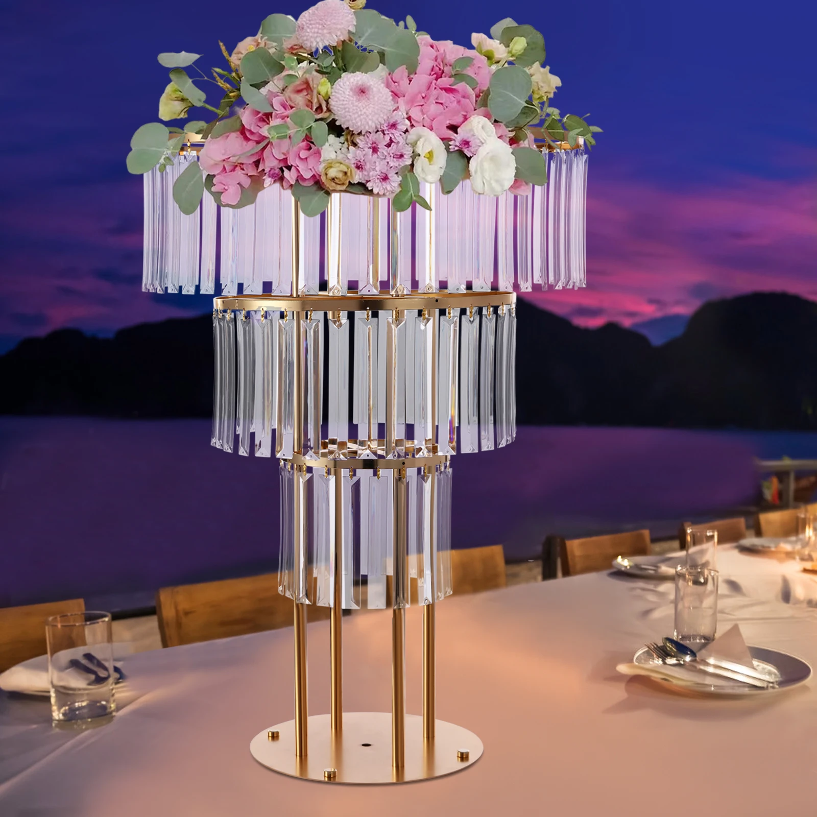 حامل زهور، حامل زهور من 3 طبقات، حامل زهور دائري لحفلات الزفاف وحفلات أعياد الميلاد والمناسبات المنزلية ورفوف الزهور الذهبية