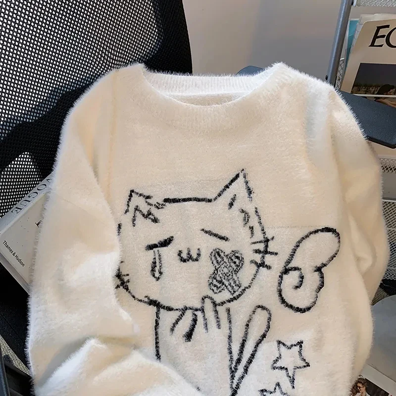 Fashion Faux Mink Velvet Knitted Sweaters Women Autumn Kawaii Puppy Jacquard Casual Pullover Korean Loose Preppy Mujer Jumpers