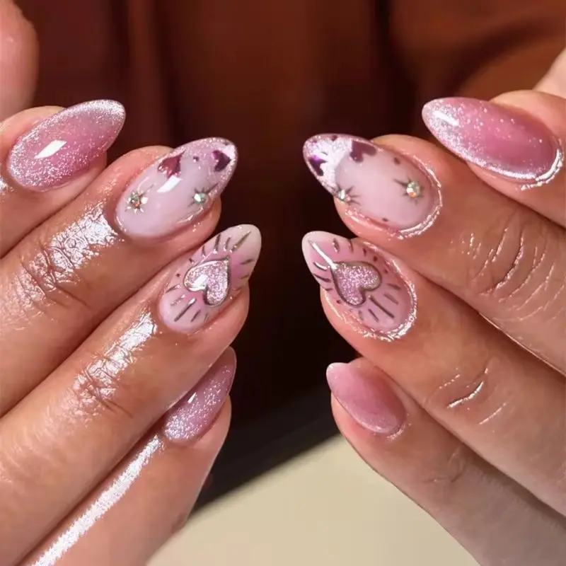 

24PCS Pink Glitter Almond Press on Nails with Cat Eye Love Star Patterns Fake Nail for Women Acrylic Detachable French Nail Tips