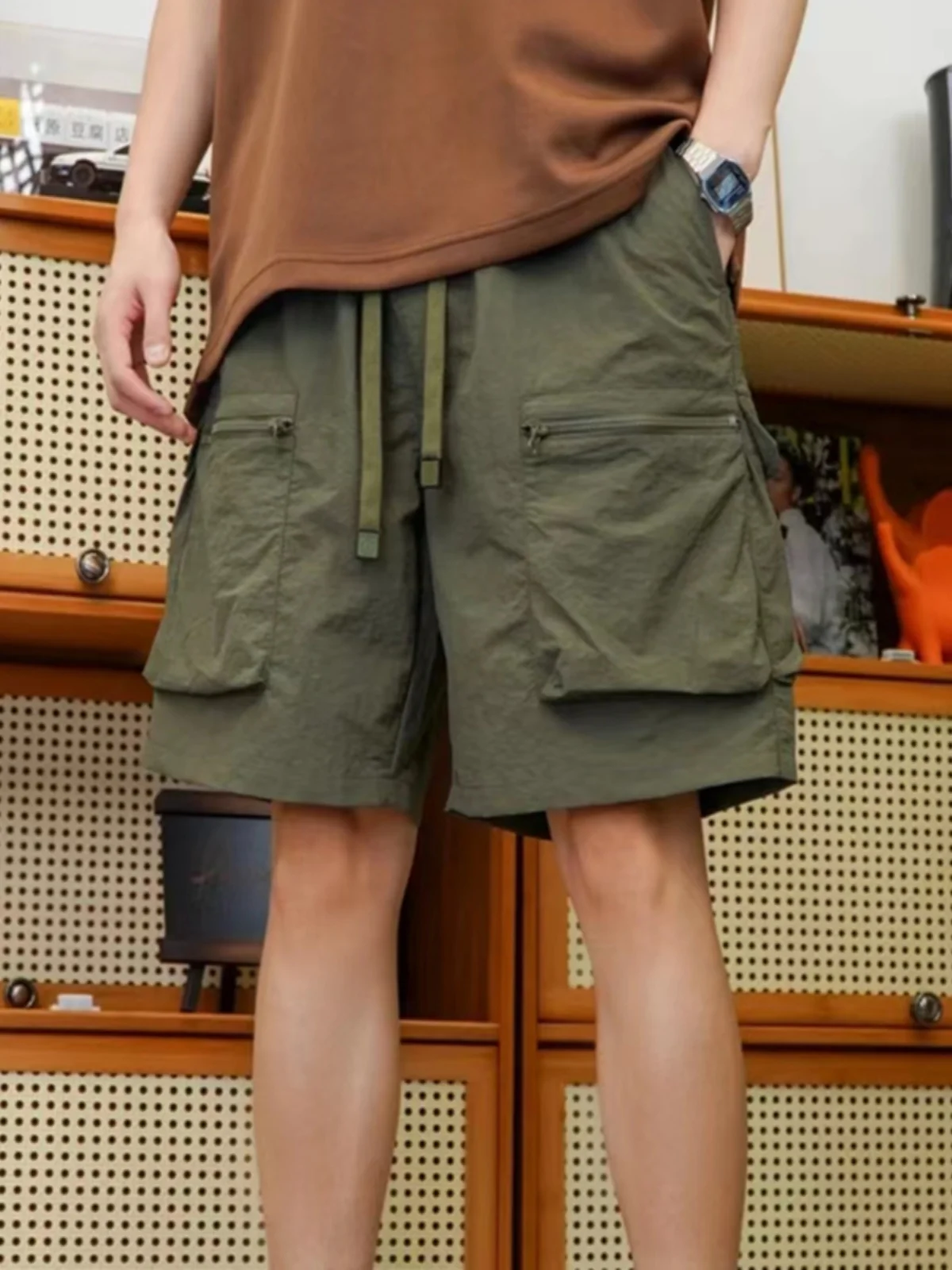 

American Retro Workwear orts Men's Summer Loose Large Size Functional Bule Waist Belt Multi-ket Casual Five-Quarter Pants