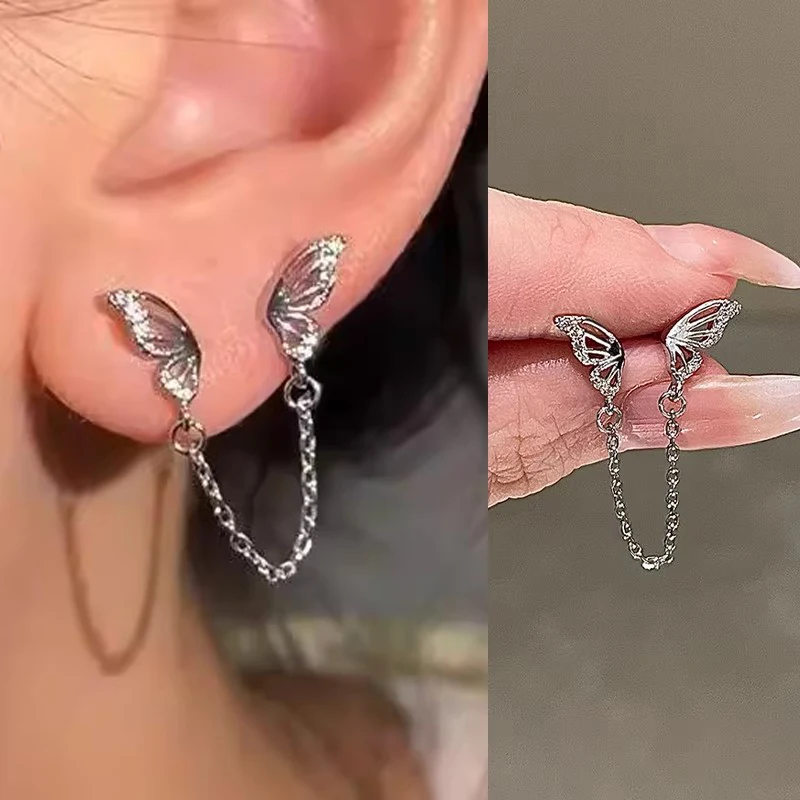 2pcs Shiny Hollow Butterfly Silver Color Rhinestone Earrings Stainless Steel Ear Bone Nail Delicate Stud Earring for Women