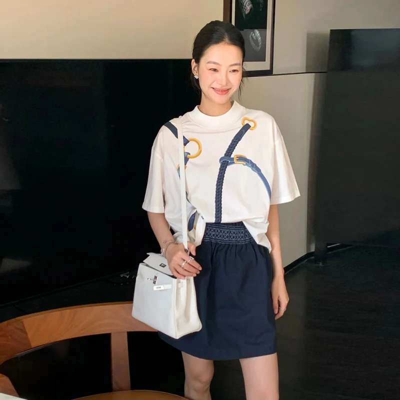 

Женская хлопковая футболка Ele, повседневная цепочка с принтом, простой Sle Fem Faion, лето 202, шелковый топ, высокое качество, один предмет