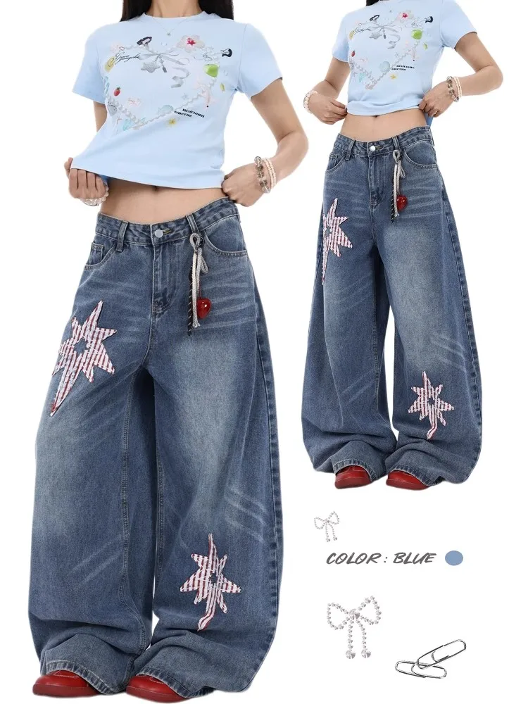 

Retro American Star Embroidery Waed Knife Jeans Casual Loose Wide Leg Long Trousers for Men And Women