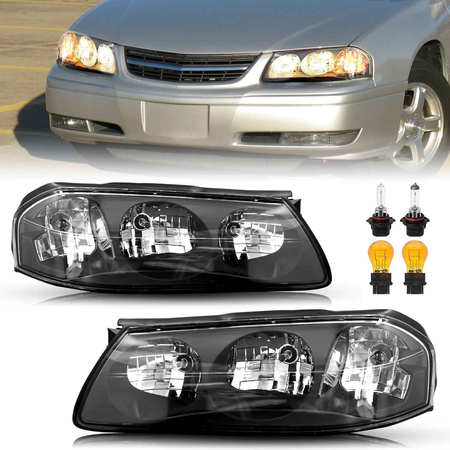 

Лампы в сборе для фар в комплекте, подходят для пассажиров Chevy Impala 2000-2005 годов и со стороны водителя, черный корпус с прозрачным отражателем