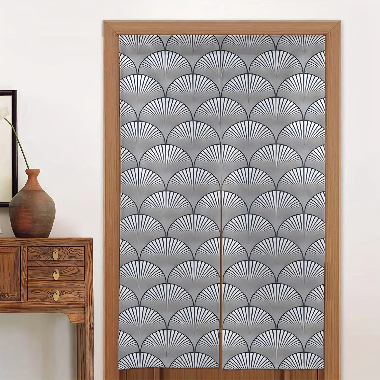 VIKAMA Geometric Wave Partition Curtain, Gray Fan-Shaped Stripe Print Half Curtain, Bathroom and Kitchen Home Decor