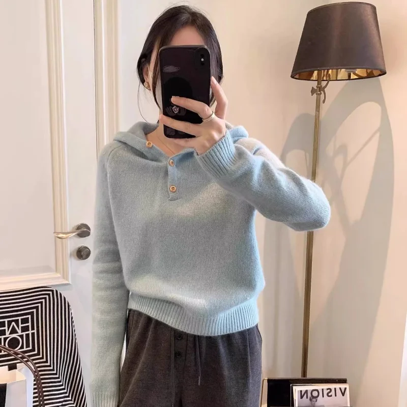 เสื้อสเวตเตอร์ผู้หญิงใหม่ ฤดูใบไม้ร่วง/ฤดูหนาว 2025 ผ้าวูล 100% เสื้อฮู้ดไหมพรมสีพื้น สไตล์ลำลอง แฟชั่นสุดฮิต เสื้อผ้าผู้หญิงขายดี