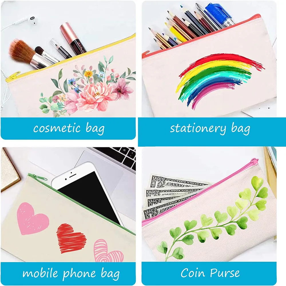 12PCS Canvas Zipper Bags Multifunctional Blank DIY Craft Pouches Pencil Bags Case Pouch For Home School Travel