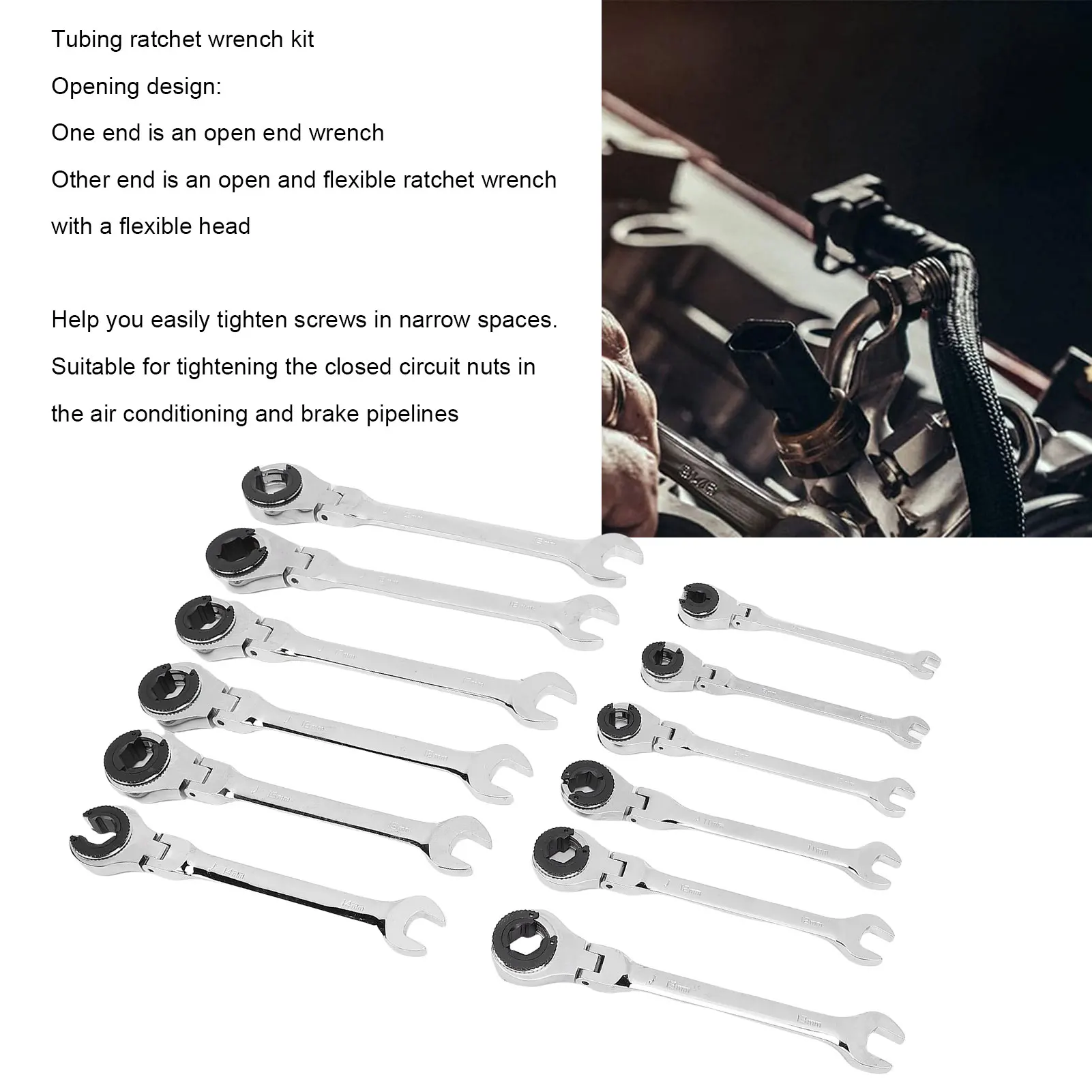 

12Pcs Open End Ratchet Wrench CRV 72T Quick Release 180 Degree Adjustable Ratcheting Wrench Set Fuel Brake AC Pipelines