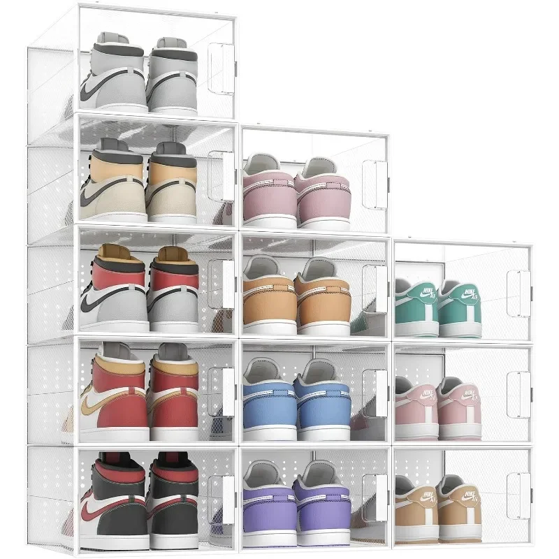 

XXL Larger Shoe Organizer Storage Boxes Fit for Size 14, 12 Pack Highly Clear Plastic Stackable Sneaker Storage for