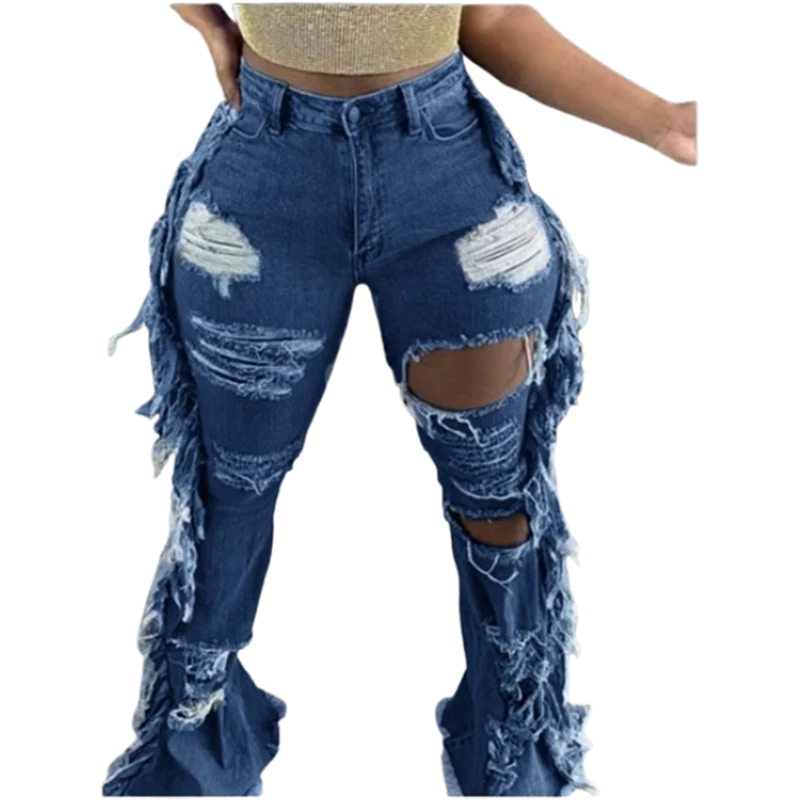 

Women's hollow jeans Pants Blue Pockets Elastic Jeans Street Hip-hop Fashion Autumn Bell Bottoms