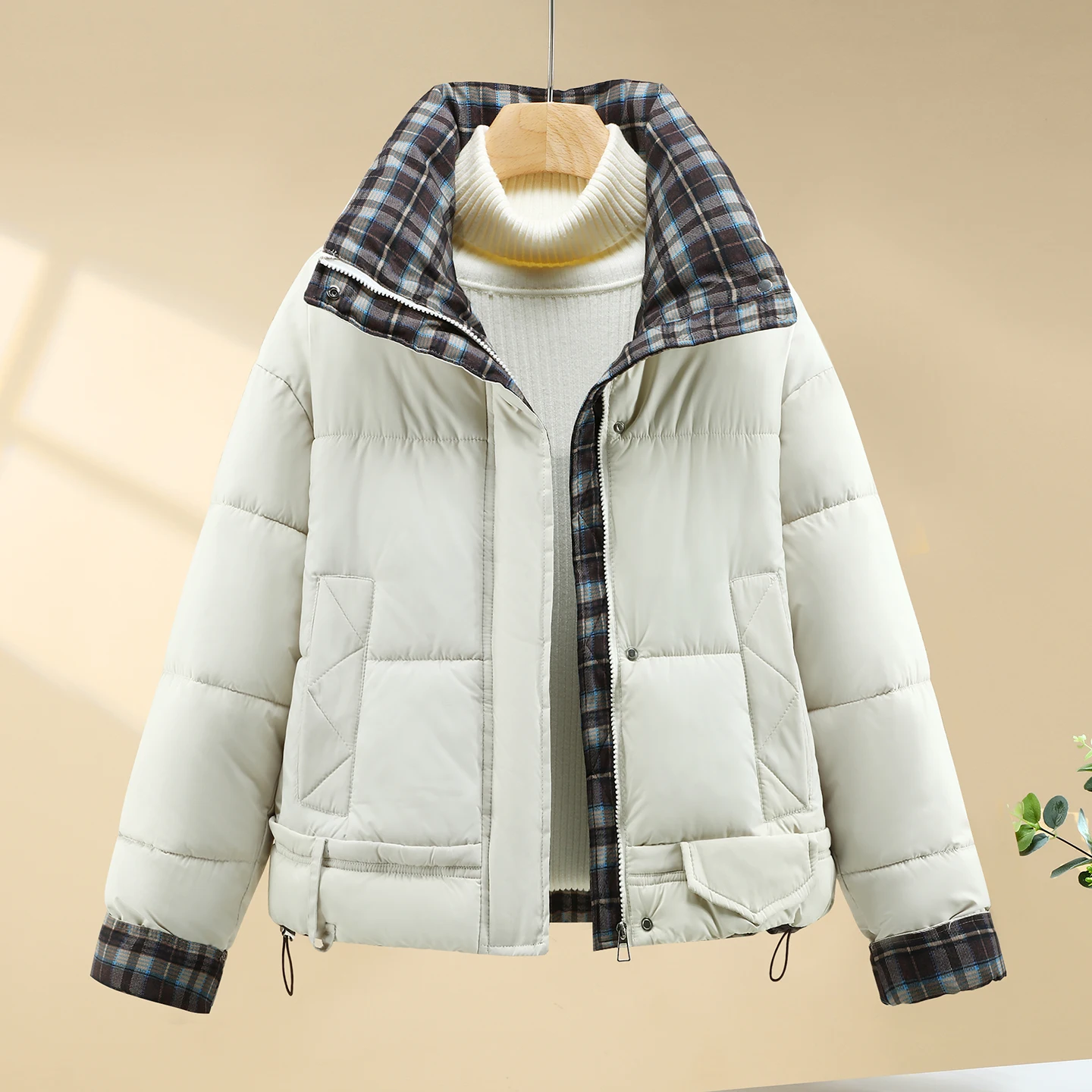 เสื้อแจ็คเก็ตผ้าฝ้ายลายสก็อตสำหรับผู้หญิง แฟชั่นเรียบง่าย คอตั้ง หนา อุ่น สไตล์เกาหลี ลำลอง หลวม