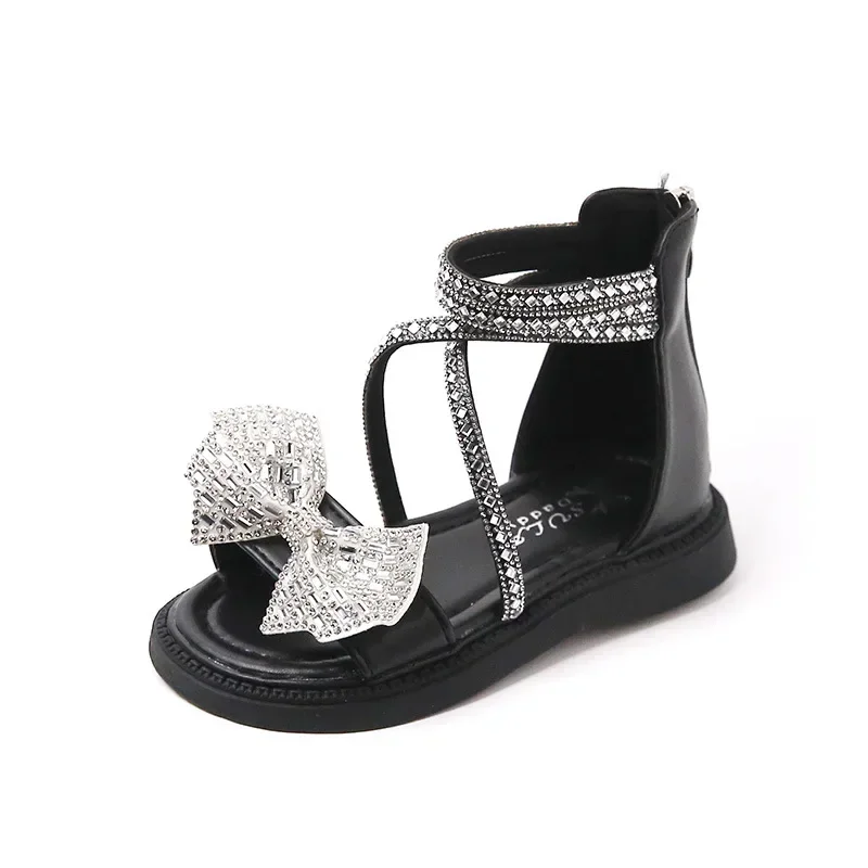 Rhinestones Baby Sandals GLADIATOR Bow Chic Elegant Girls Sandals Children Fashion Performance Shoes for Party Wedding Kids PU