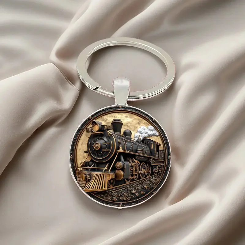 Cross Border Hot Selling and Popular Small Train Patterned Glass Pendant Halloween Keychain