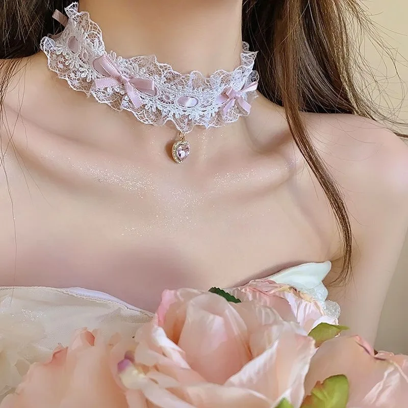 Lolita Lace Bowknot Zircon Heart Choker Necklace Gothic Y2K Short Collar Adjustable Leg Ring Garter for Women Jewelry Gifts