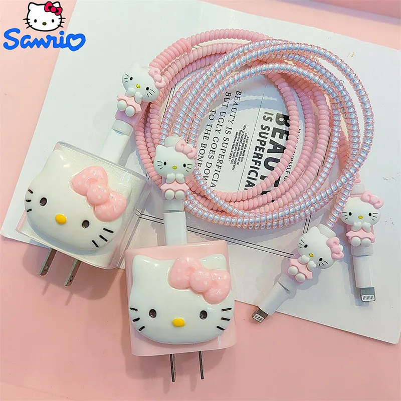 Kawaii Sanrio Cute Hello Kittys Iphone14 Charger Protective Sleeve Data Cable Break-Proof 20W Winding Rope Girls Anime Gift Toys