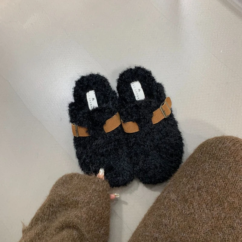 Thick-soled Round-headed Plush Inner Slippers Outdoor Flat-bottomed Slippers Women's Retro Belt Buckle Flats Overshoes 35-39 image 5